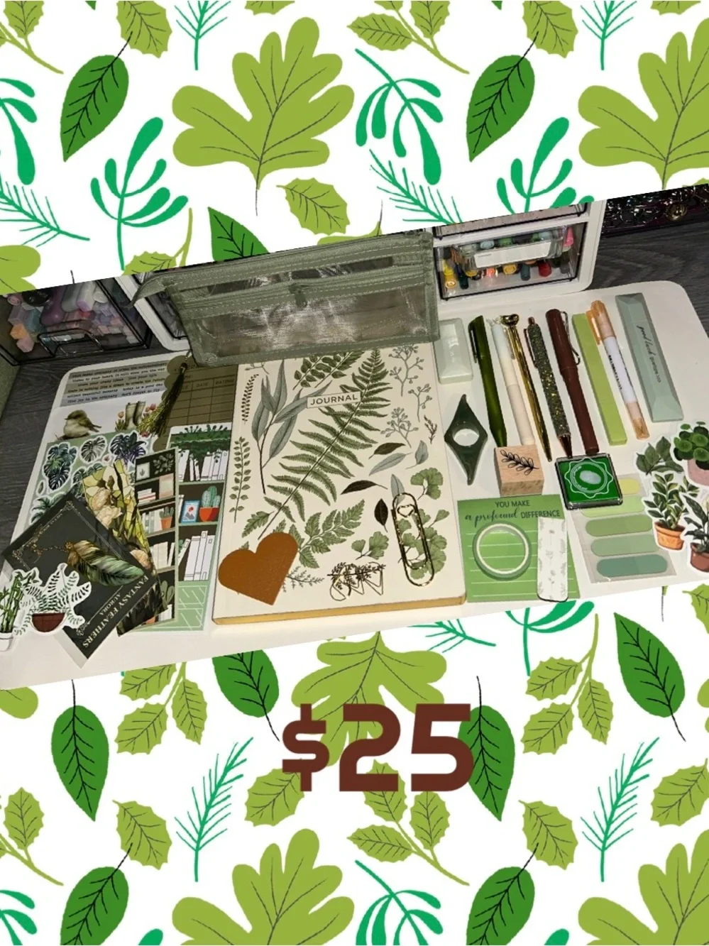 Leaf Print Botanical Journal & Green Stationery Set